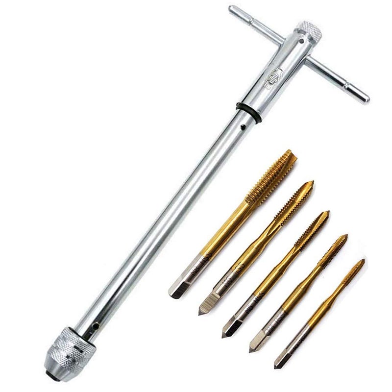 QISF Adjustable T-Handle Ratchet Tap Holder Wrench Set + 5Pcs Titanium M3-M8 Machine Screw Thread Metric Plug Taps(Wrench 10" Long) - Image 1